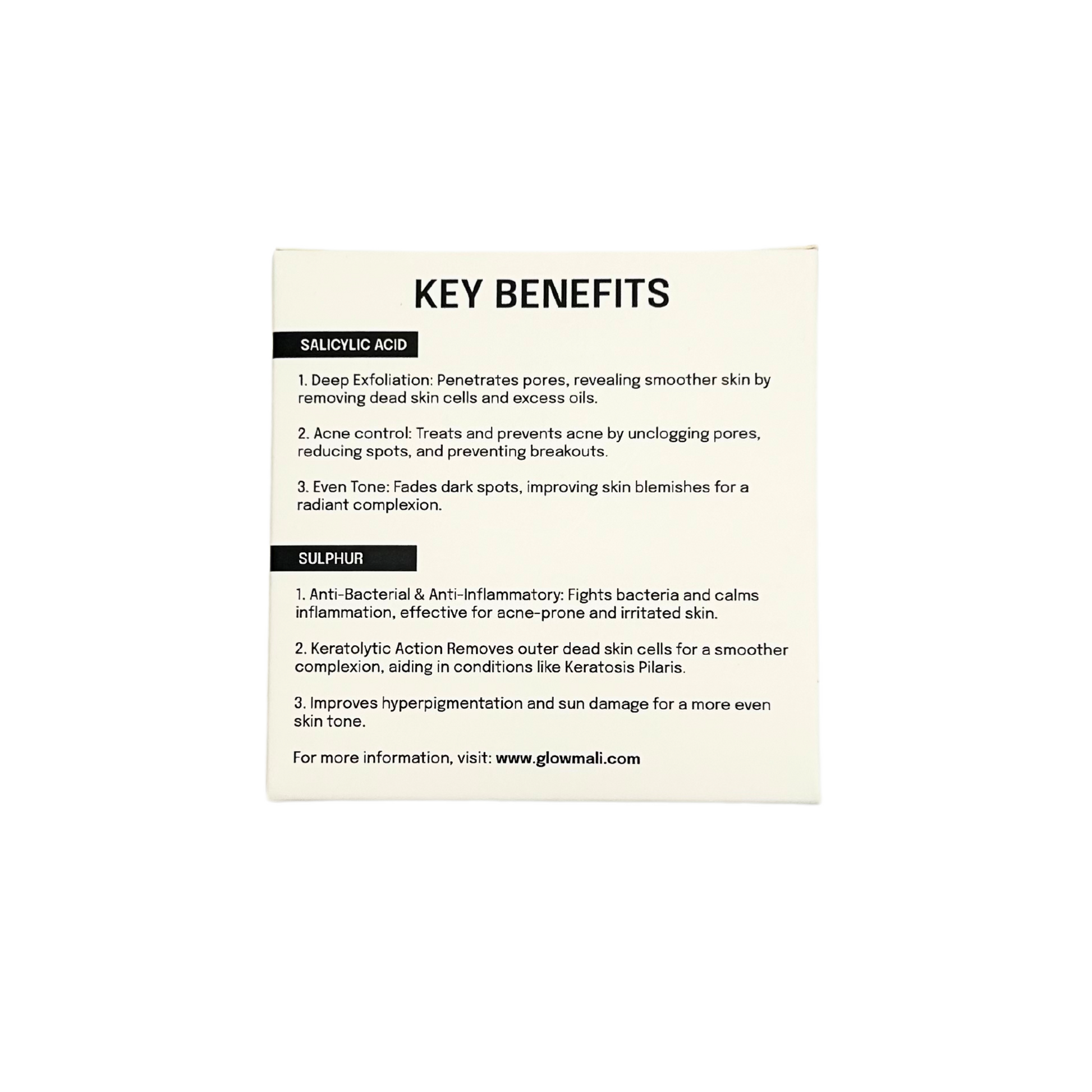 Key benefits of Glowmali Exfoliating Bar – Salicylic Acid and Sulphur infographic