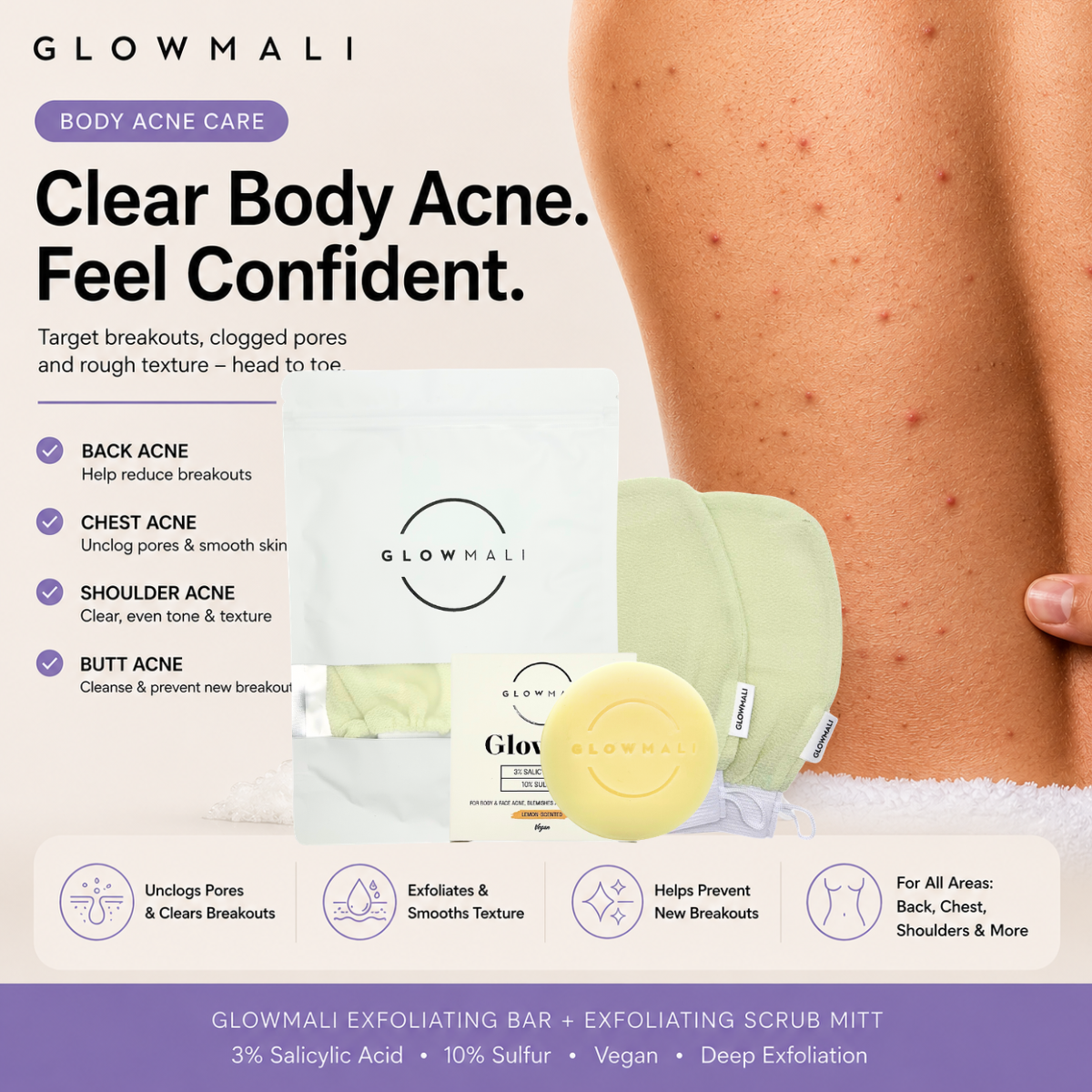Glowmali exfoliating bar and scrub mitt for body acne, back acne, chest acne, clogged pores and rough textured skin