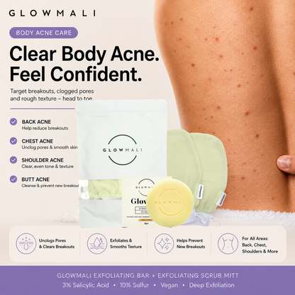 Glowmali exfoliating bar and scrub mitt for body acne, back acne, chest acne, clogged pores and rough textured skin