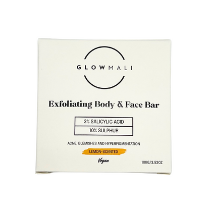 Exfoliating face and body bar with salicylic acid and sulphur to support clearer-looking skin, reduce clogged pores, improve body acne, keratosis pilaris and rough skin texture.
