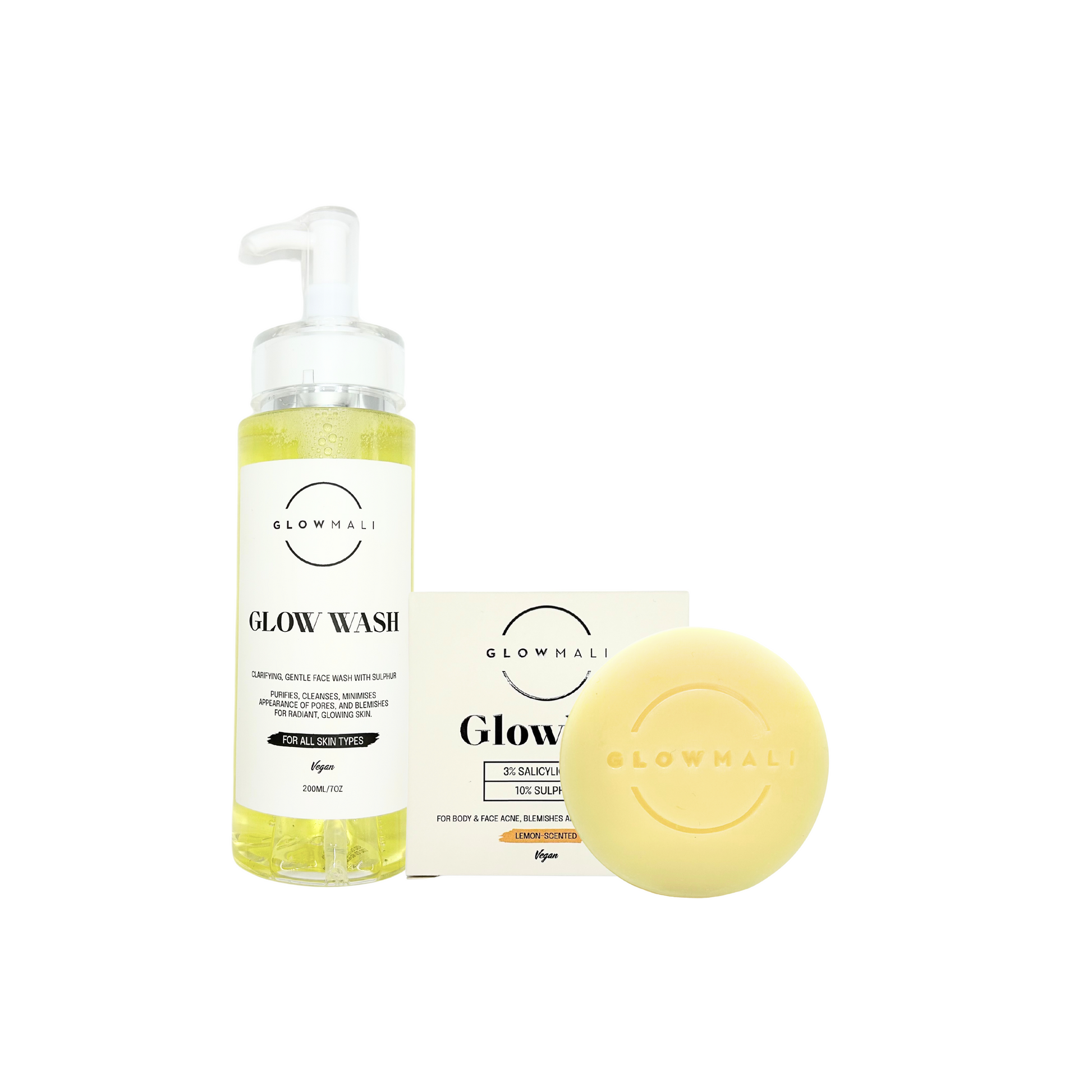 Glowmali Glow Bundle combining a sulfur cleanser and salicylic acid exfoliating bar to help improve body acne, face acne, clogged pores, keratosis pilaris, excess oil and uneven skin texture.