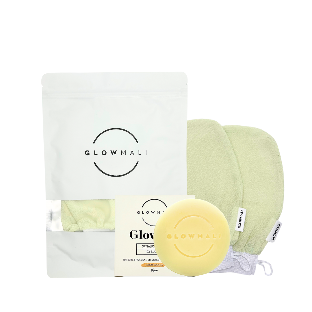 Glowmali Glow Duo acne care bundle featuring sulfur cleanser and salicylic acid exfoliating bar for face and body acne, clogged pores, keratosis pilaris, fungal acne, oily skin and post-acne marks.