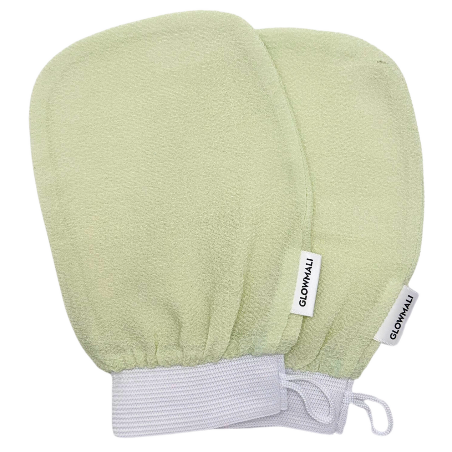 Glowmali viscose exfoliating gloves for body exfoliation, removing dead skin cells, improving rough skin texture, preparing skin for self tan and supporting smoother-looking skin.