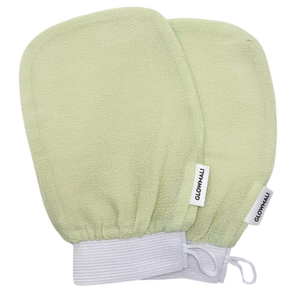 Glowmali viscose exfoliating gloves for body exfoliation, removing dead skin cells, improving rough skin texture, preparing skin for self tan and supporting smoother-looking skin.